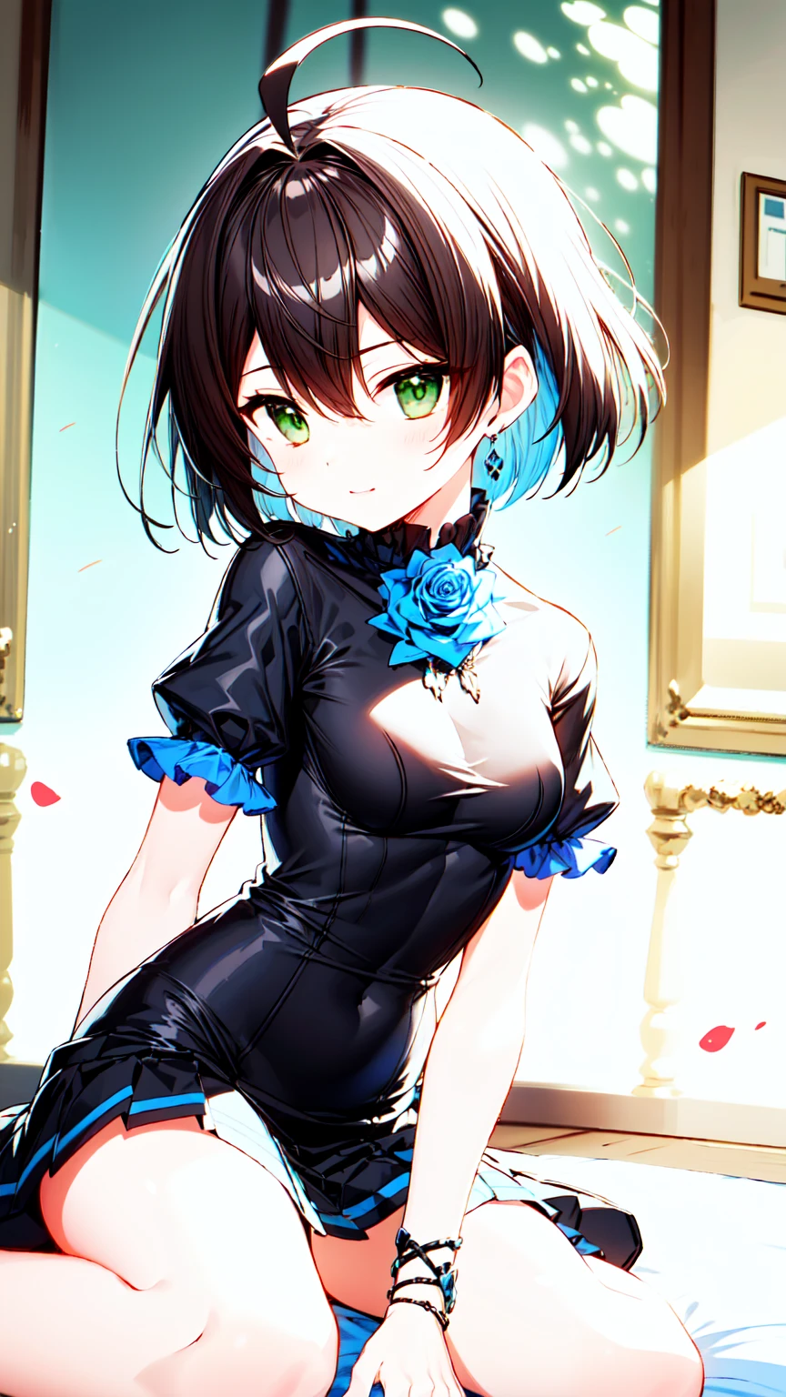 masterpiece, best quality, ultra-detailed, illustration, warm lighting, bright colors, 1girl,solo, short hair, black hair, green eyes, elizabeth_pendragon,



blue ribbon, ribbon, jewelry, ahoge, black dress, rose, wariza


 