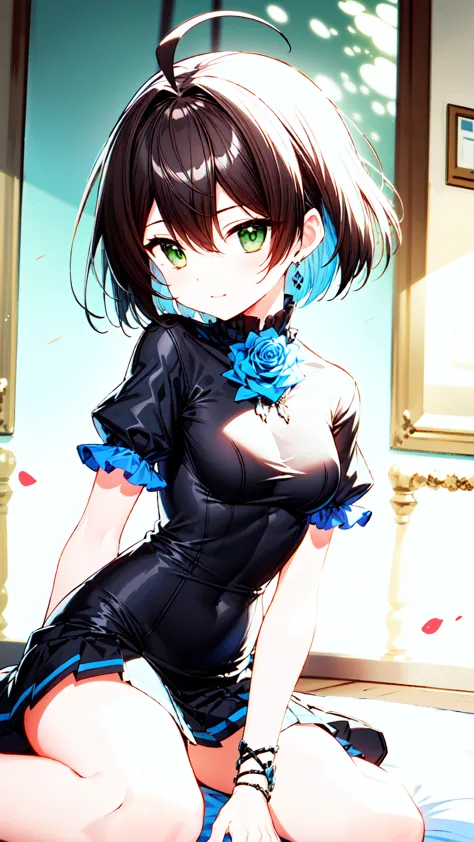 masterpiece, best quality, ultra-detailed, illustration, warm lighting, bright colors, 1girl,solo, short hair, black hair, green...