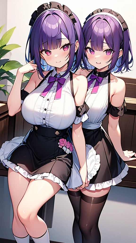 最high quality, high quality, Super detailed, 32k, Ultra-detailed details, Photo of the waitress and her sister, {{The succubus maid has the face of my sister}}, (only, Standing, pretty girl, beautiful purple hair, short hair, Beautiful RED eyes, mature, Big Breasts, A light smile, Off-the-shoulder sleeveless Summer cute maid outfit, Summer casual maid clothes, Short skirt, Blue and white color striped underwear, Black knee socks, loafers, She&#39;s holding 大きく up her skirt with both hands to show her underwear, 1,cute), A maid who moves her body vigorously without caring if her breasts bounce, Super detailed, indoor, maid Cafe, Full body image, ((Head to Toe:1.3)), NSFW