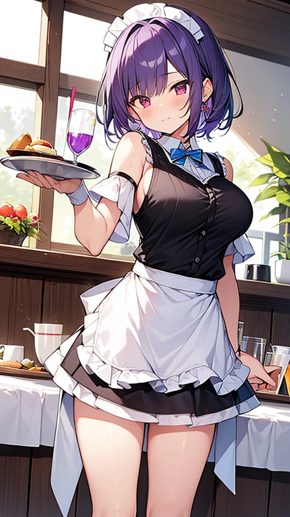 最high quality, high quality, Super detailed, 32k, Ultra-detailed details, waitress(only, Standing, pretty girl, beautiful purple hair, short hair, Beautiful RED eyes, mature, Big Breasts, A light smile, Off-the-shoulder sleeveless Summer メイド服, Summer casual maid clothes, Short skirt, Blue and white color striped underwear, Black knee socks, loafers, My crotch is wet with love juice, 18-year-old,cute), {{A succubus disguised as a waitress approached the target man&#39;s sister, peeled off the skin of the sister&#39;s face, and stuck it on her own face, becoming the waitress succubus&#39;s face., The hem of her skirt is lifted high, exposing her underwear}}, She has transformed from a shy maid into a lewd one., A maid with her sister&#39;s face stuck on her face is vigorously pistoning her body, A maid who moves her body vigorously without caring if her breasts bounce, Super detailed, indoor, Full body image, ((Head to Toe:1.3)), NSFW