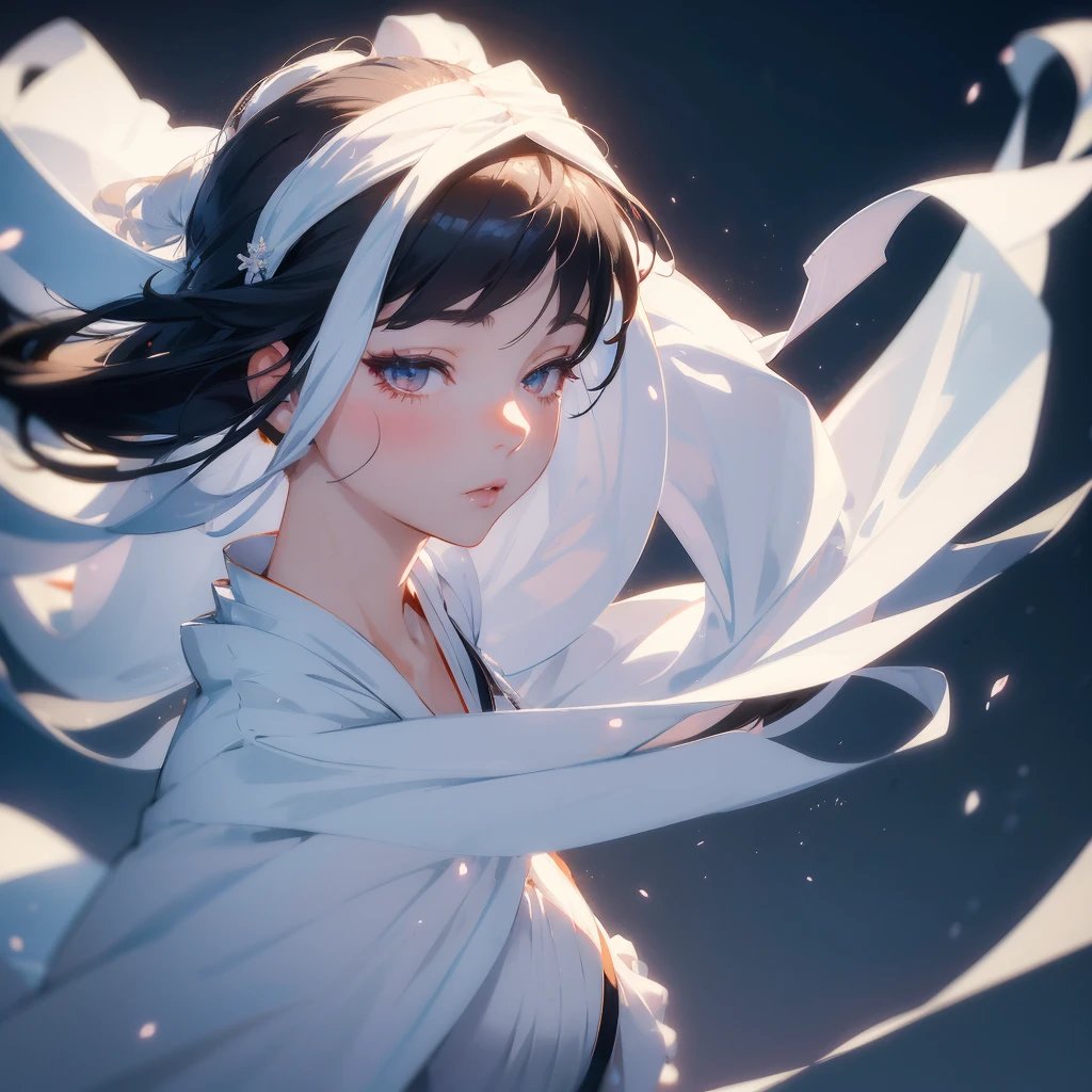 beautiful woman wearing white Kimono, Ein schwarzer Tuchverband bedeckte ihre Augen, eisig, Nahaufnahme,Meisterwerk, Kimono, Fachmann, Anime-Stil, stilisiert, romantisch, verträumt, Einfacher, einfarbiger Hintergrund, Hyperminimalismus, Surrealismus), natürliche Beleuchtung, HD, K, dunkler Hintergrund