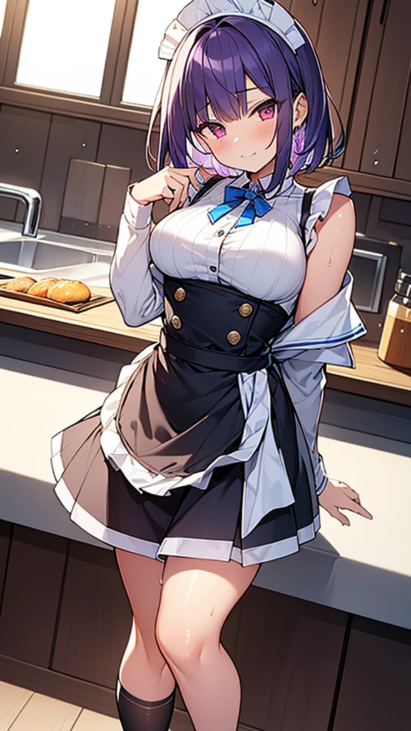 最high quality, high quality, Super detailed, 32k, Ultra-detailed details, waitress(only, Standing, pretty girl, beautiful purple hair, short hair, Beautiful RED eyes, mature, Big Breasts, A light smile, Off-the-shoulder sleeveless Summer メイド服, Summer casual maid clothes, Short skirt, Blue and white color striped underwear, Black knee socks, loafers, My crotch is wet with love juice, 18-year-old,cute), {{A succubus disguised as a waitress approached the target man&#39;s sister, peeled off the skin of the sister&#39;s face, and stuck it on her own face, becoming the waitress succubus&#39;s face., The hem of her skirt is lifted high, exposing her underwear}}, She has transformed from a shy maid into a lewd one., A maid with her sister&#39;s face stuck on her face is vigorously pistoning her body, A maid who moves her body vigorously without caring if her breasts bounce, Super detailed, indoor, Full body image, ((Head to Toe:1.3)), NSFW