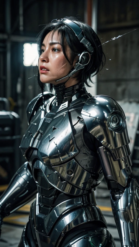 Textured skin, Very detailed, Attention to detail, high quality, 最high quality, High resolution, 1080P, hard disk, beautiful,(War Machine),Beautiful cyborg woman,Mecha cyborg girl,Battle Mode,Girl with a mechanical body　Black Hair　Short Hair Boyish　Dark green armor　Sweaty and wet face　(Being slammed into a wall)(Headgear breaks and flies off)　(Debris flying away)Steam coming from the head　Steam coming out of the whole body　Painful expression　Please open your mouth wide　Snug-fitting headgear　Black Inner Suit　Full body portrait　Gas mask with a long nozzle（front）