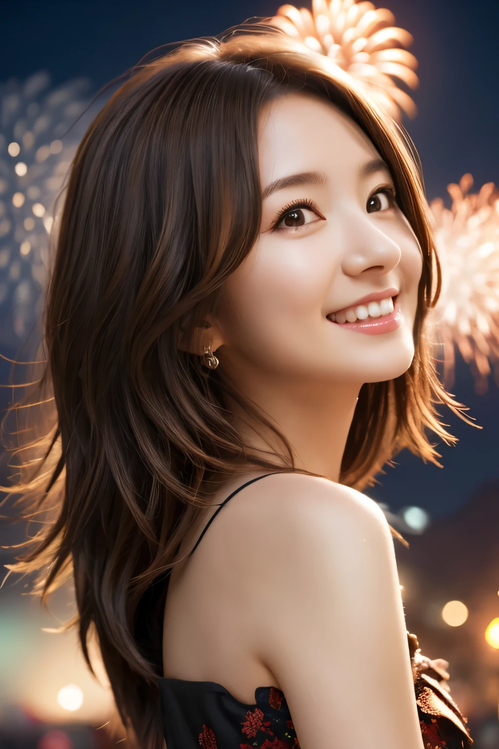 A girl looking up at the fireworks at a fireworks festival、Cute face、Well-balanced proportionedium build、Wearing a dress、, brown hair, floating hair, shiny hair, seductive smile, long hair, straight hair, expressive hair, Surrealism, cinematic lighting, tachi-e, from behind, Nikon, UHD, anatomically correct, super detail, high details, high quality, award winning, highres, best quality, 8k, textured skin