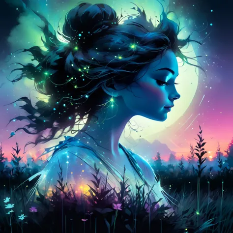 fluorescent horizon, cg graphic illustration, 
high qualiy, 8K Ultra-HD, A beautiful double exposure that combines a goddess sil...