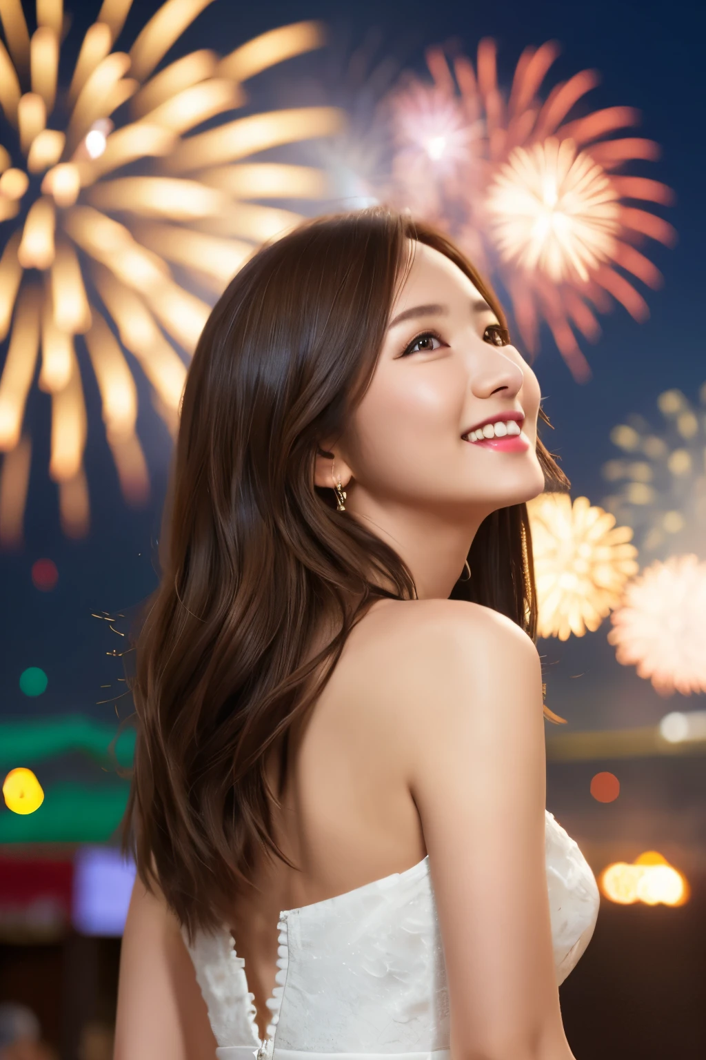 A girl looking up at the fireworks at a fireworks festival、Cute face、Well-balanced proportionedium build、Wearing a dress、, brown hair, floating hair, shiny hair, seductive smile, long hair, straight hair, expressive hair, Surrealism, cinematic lighting, tachi-e, from behind, Nikon, UHD, anatomically correct, super detail, high details, high quality, award winning, highres, best quality, 8k, textured skin