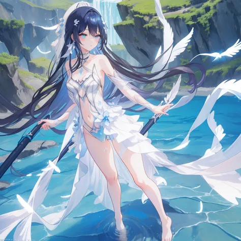 ((a far view)) of a anime girl, (standing in the water), cinematic light, slim body with curves, skin perfectly white, soft, and...