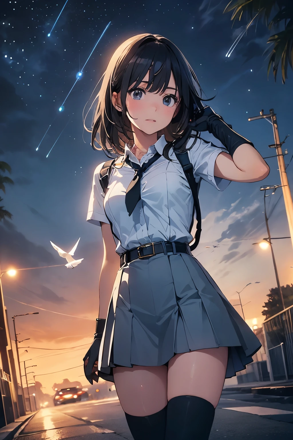 high quality, masterpiece, Ultra-high resolution, (realism: 1.4), Oil painting style, Cinema Lighting, , I stood on the empty asphalt road and looked at it., And the suspenders with the cranes flying　　Large Breasts　 　 　　　　Small face　 　　　holster　　　　　　　 Lying in bed　Looking up　　　　Sweat 　　　belt　summer　脇Sweat 　Black Hole Gloves　suit　　　　 mini skirt　garterbelt　Leg Links　ズボンにbelt　　holster　 　　Hands behind your back　 Anxious expression　Looking up　Anxious face　Knee-high　Knee socks　Knee-highソックス garterbelt　garter　ふとももにgarterbelt