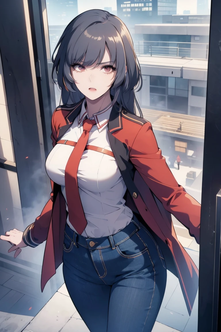 One Girl , office wear , Beautiful jacket , Mini tight jeans , Red tie , Girl in office , outside the window view of futuristic city , Lush breasts , In motion , Correct anatomy , Chic Quality , Bright colours , Veleclebd picture , Friendly.