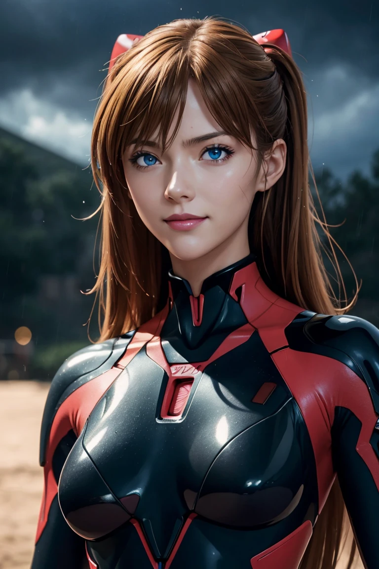 Evangelion,Asuka Langley,blue eyes,Plug Suit,Bodysuits,Interface Headset,赤いBodysuits,Ultra HD,super high quality,masterpiece,Digital SLR,Photorealistic,Detailed details,Vivid details,Depicted in detail,A detailed face,Detailed details,Super Detail,Realistic skin texture,Anatomical basis,Perfect Anatomy,Anatomically correct hand,Anatomically correct fingers,Complex 3D rendering,Sexy pose,Rainy Sky,Beautiful scenery,Fantastic rainy sky,Picturesque,Pink Lips,smile,