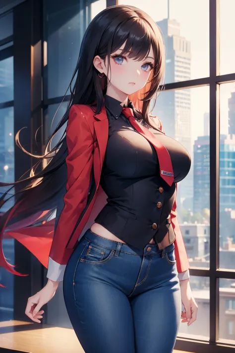 one girl , office wear , beautiful jacket , mini tight jeans , red tie , girl in office , outside the window view of futuristic ...