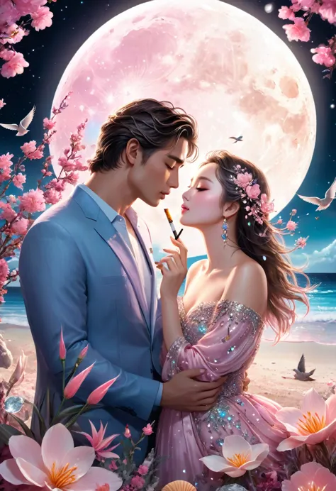 (((masterpiece))), 最high quality, city, Flowers, A delicate scene, Lovers, (ultra detailed face), bird, pink Flowers and bright ...