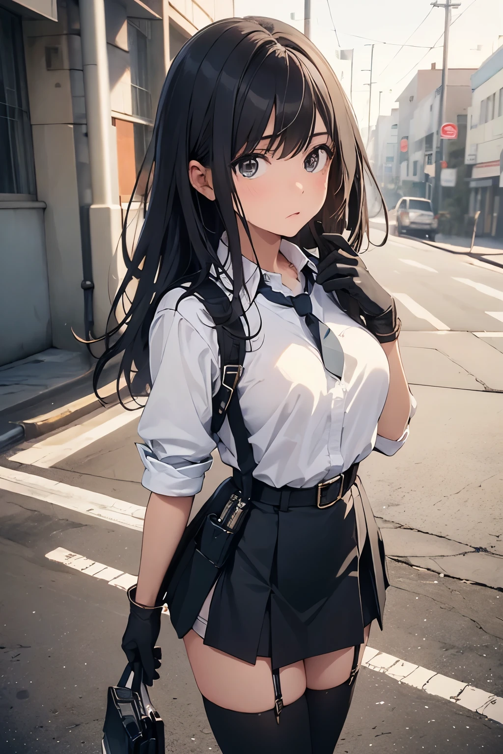 high quality, masterpiece, Ultra-high resolution, (realism: 1.4), Oil painting style, Cinema Lighting, , I stood on the empty asphalt road and looked at it., And the suspenders with the cranes flying　　Large Breasts　 　 　　　　Small face　 　　　holster　　　　　　　 Lying in bed　Looking up　　　　Sweat 　　　belt　summer　脇Sweat 　Black Hole Gloves　suit　　　　 mini skirt　garterbelt　Leg Links　ズボンにbelt　　holster　 　　Hands behind your back　 Anxious expression　Looking up　Anxious face　Knee-high　Knee socks　Knee-highソックス garterbelt　garter　ふとももにgarterbelt