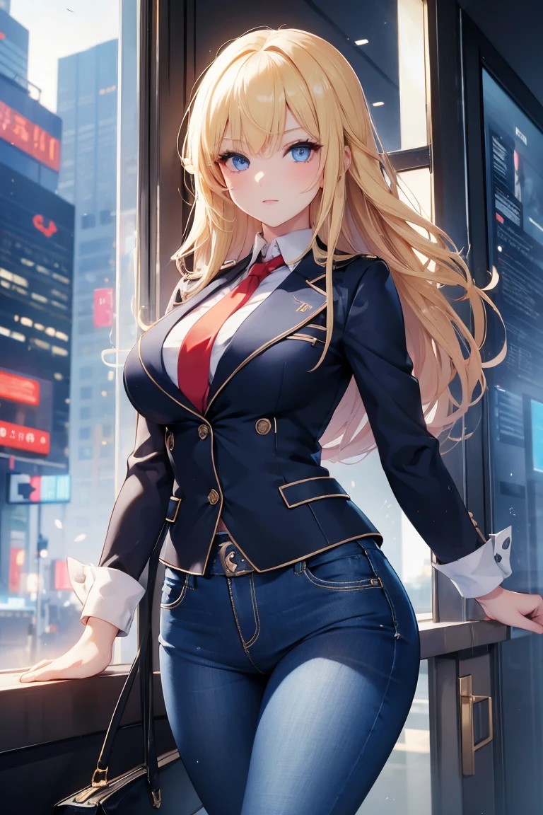 One Girl , office wear , Beautiful jacket , Mini tight jeans , Red tie , Girl in office , outside the window view of futuristic city , Lush breasts , Blonde hair , Blue eyes , On the move , Correct anatomy , Chic Quality , Bright colours , Velecolebdny picture , Friendly.