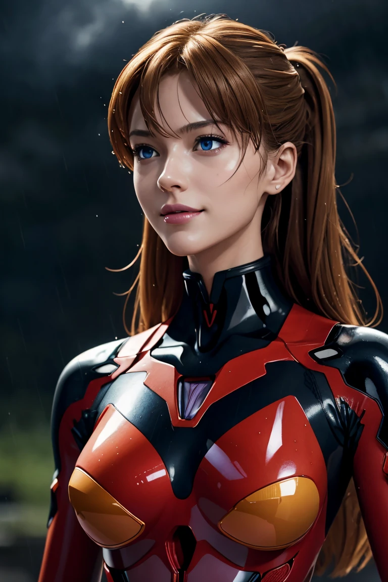 evangelion,asuka lanley,blue eyes,traje enchufable,Bodies,auriculares de interfaz,赤いBodies,ultra alta definición,calidad súper alta,obra maestra,Cámaras réflex digitales,Fotorrealista,Detalles detallados,detalles vívidos,representado en detalle,Una cara detallada,Detalles detallados,Súper detalle,textura de piel realista,Base anatómica,anatomía perfecta,mano anatómicamente correcta,Dedos anatómicamente correctos,Representación 3D compleja,pose sexy,cielo lluvioso,hermoso paisaje,Fantástico cielo lluvioso,pintoresco,Labios rosados,sonrisa,