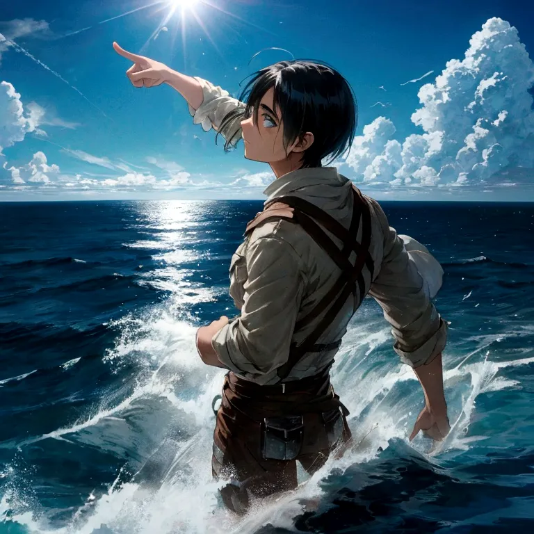 eren from attack on titan standing on a cliff, pointing towards the vast sea under a bright blue sky with scattered clouds. the ...