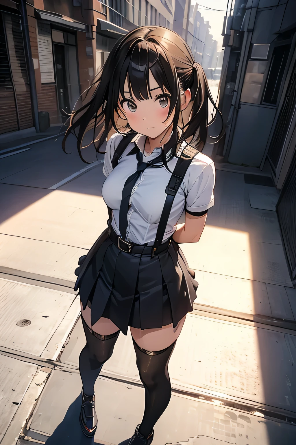 high quality, masterpiece, Ultra-high resolution, (realism: 1.4), Oil painting style, Cinema Lighting, , I stood on the empty asphalt road and looked at it., And the suspenders with the cranes flying　　Large Breasts　 　 　　　　Small face　 　　　holster　　　　　　　 Lying in bed　Looking up　　　　Sweat 　　　belt　summer　脇Sweat 　Black Hole Gloves　suit　　　　 mini skirt　garterbelt　Leg Links　ズボンにbelt　　holster　 　　Hands behind your back　 Anxious expression　Looking up　Anxious face　Knee-high　Knee socks　Knee-highソックス garterbelt　garter　ふとももにgarterbelt