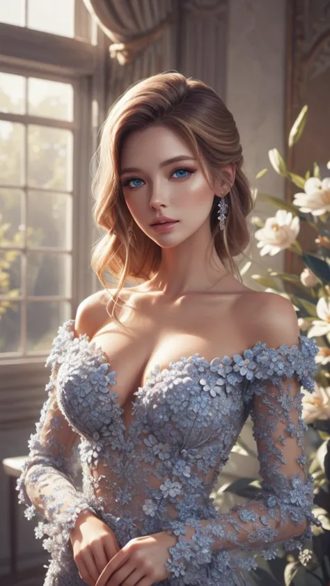 Beautiful blonde woman with blue eyes, elegant and refined, flower, Highly detailed face, Detailed eyes, beautiful long eyelashe...
