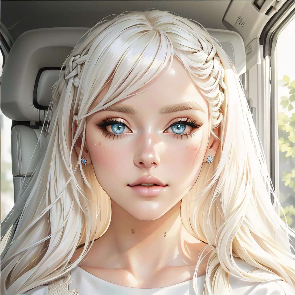 a woman with long white hair and a white shirt is sitting in a car, perfect by white girl, chica con by white, awesome anime face portrait, Kawaii realistic portrait, beautiful realistic face, ig model | germ of art, blonde hair and big eyes, cara bonita de by white, by white, hyperrealistic anime, beautiful pale makeup, realistic painting cute girl