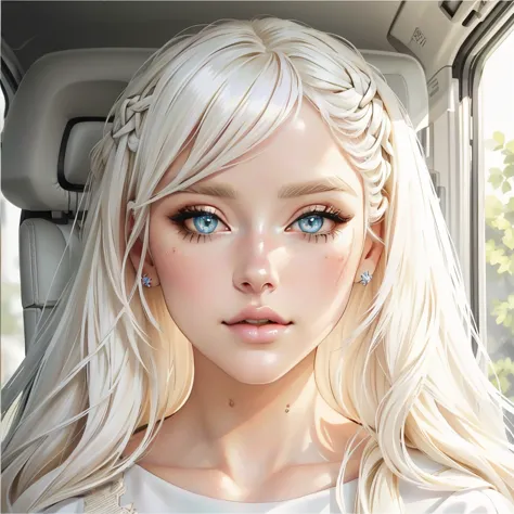 a woman with long white hair and a white shirt is sitting in a car, perfect by white girl, chica con by white, awesome anime fac...