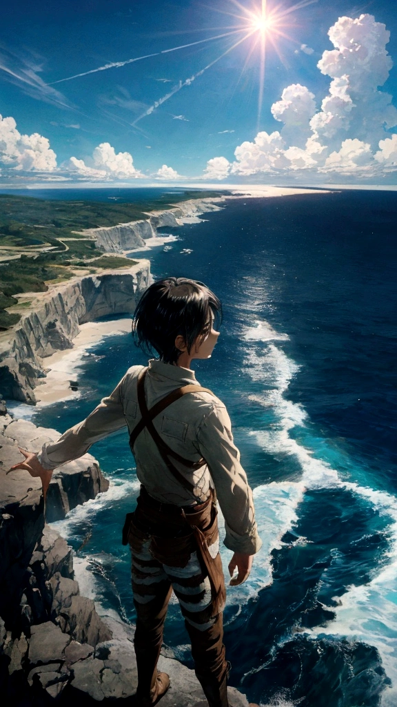 Eren from Attack on Titan standing on a cliff, pointing towards the vast sea under a bright blue sky with scattered clouds. The sun reflects off the water, creating a shimmering effect. The scene captures the serene beauty of the ocean and the determination in Eren's expression. Detailed textures, vivid colors, dynamic lighting, hd quality