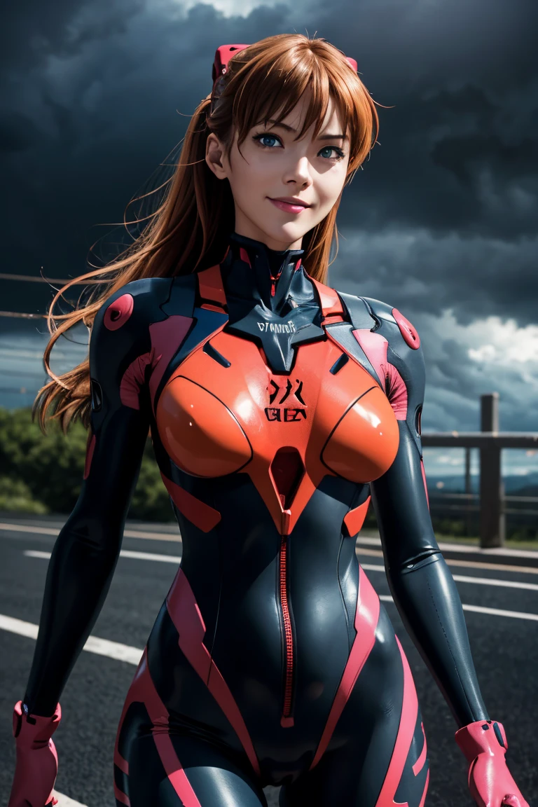 Evangelion,Asuka Langley,blue eyes,Plug Suit,Bodysuits,Interface Headset,赤いBodysuits,Ultra HD,super high quality,masterpiece,Digital SLR,Photorealistic,Detailed details,Vivid details,Depicted in detail,A detailed face,Detailed details,Super Detail,Realistic skin texture,Anatomical basis,Perfect Anatomy,Anatomically correct hand,Anatomically correct fingers,Complex 3D rendering,Sexy pose,Rainy Sky,Beautiful scenery,Fantastic rainy sky,Picturesque,Pink Lips,smile,