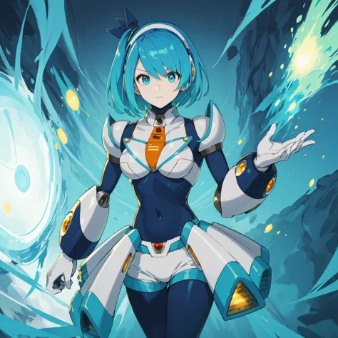 rico_megamanxdive, 1girl, solo, blue eyes, short hair, blue hair, android, high quality, masterpiece, standing with green flames...