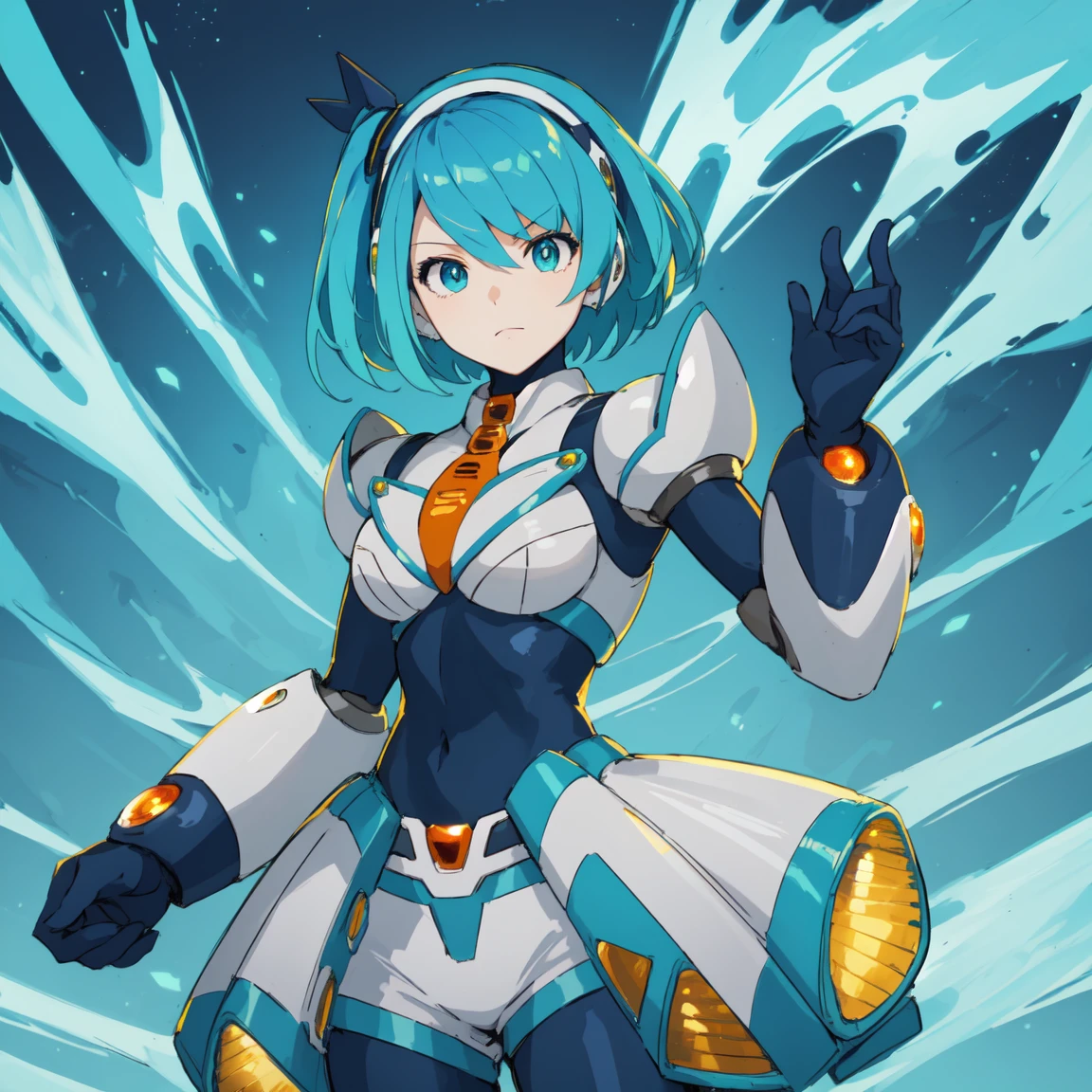 rico_megamanxdive, 1girl, solo, blue eyes, short hair, blue hair, android, high quality, masterpiece, standing with green flames coming from a tree