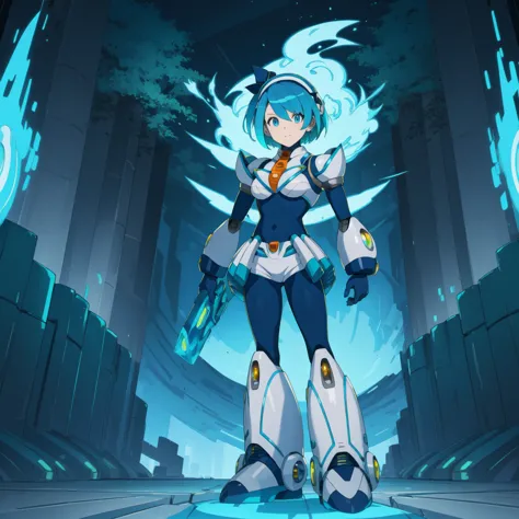 rico_megamanxdive, 1girl, solo, blue eyes, short hair, blue hair, android, high quality, masterpiece, standing with green flames...