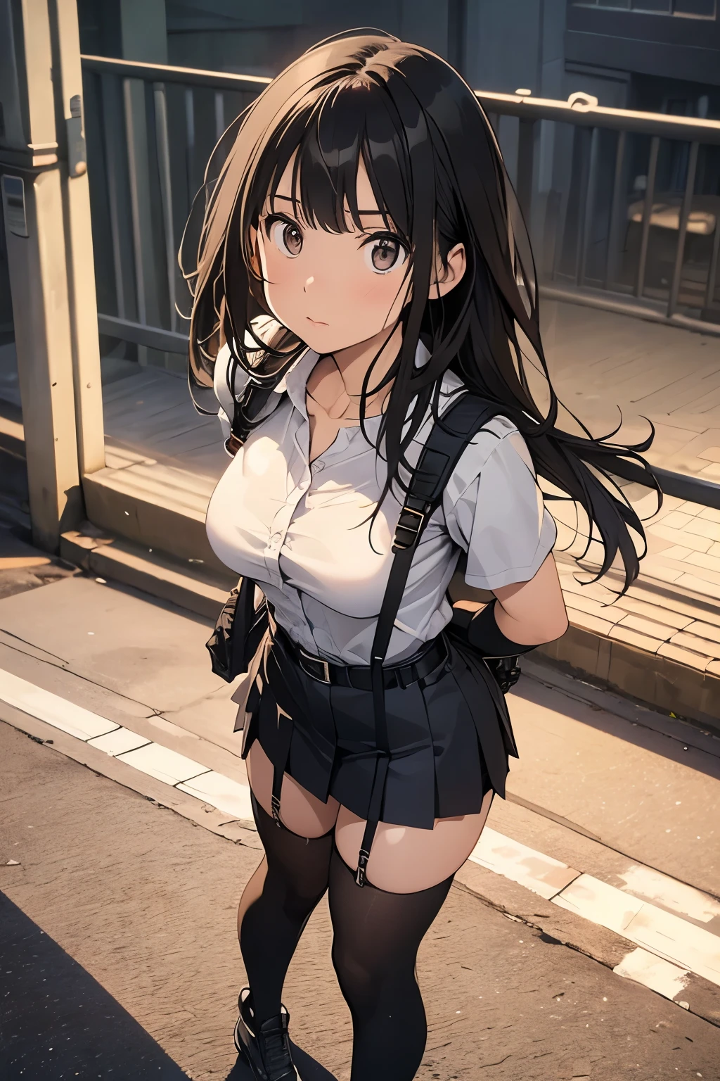 high quality, masterpiece, Ultra-high resolution, (realism: 1.4), Oil painting style, Cinema Lighting, , I stood on the empty asphalt road and looked at it., And the suspenders with the cranes flying　　Large Breasts　 　 　　　　Small face　 　　　holster　　　　　　　 Lying in bed　Looking up　　　　Sweat 　　　belt　summer　脇Sweat 　Black Hole Gloves　suit　　　　 mini skirt　garterbelt　Leg Links　ズボンにbelt　　holster　 　　Hands behind your back　 Anxious expression　Looking up　Anxious face　Knee-high　Knee socks　Knee-highソックス garterbelt　garter　ふとももにgarterbelt