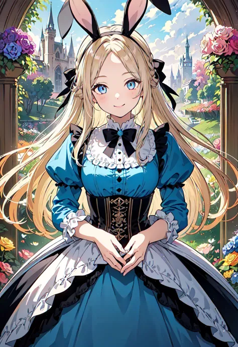 alice in wonderland, (1 girl, cute, slender, attractive, smiling, detailed beautiful face: 1.3), blonde hair, braids, rose hair ...