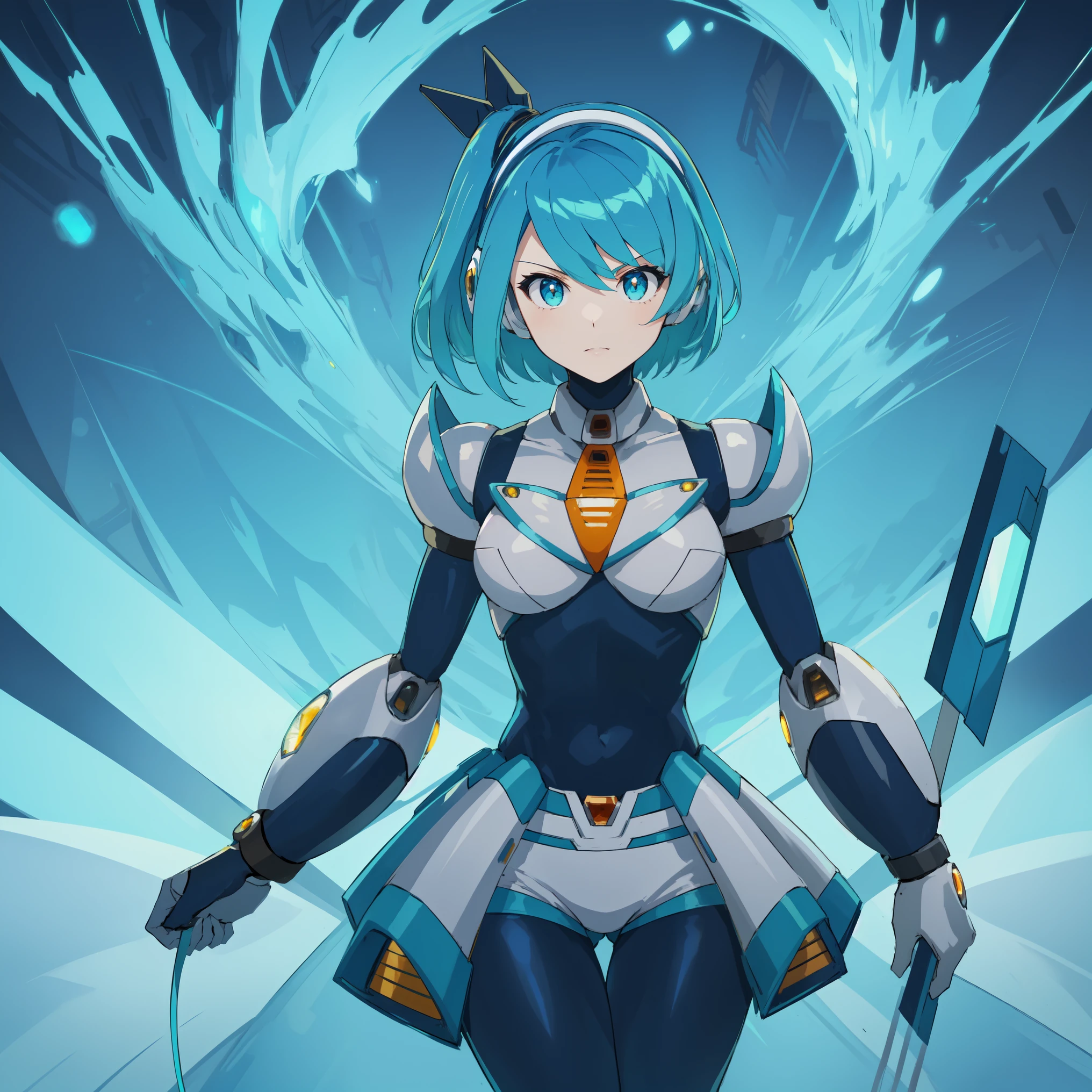 rico_megamanxdive, 1girl, solo, blue eyes, short hair, blue hair, android, high quality, masterpiece, standing with green flames coming from a tree