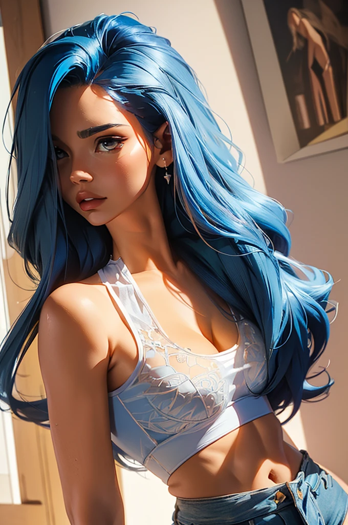 (best quality: 1.2), clean face, (masterpiece: 1.2, 8k) perfect anatomy, 1girl,a beautiful fashion model ,(masterpiece, official art, best quality ,long and shiny hair, blue hair with streaks in hair, long hair, full lips, slender body, slim body big breasts, looking at viewer, revealing outfit, absurdity, intricate details, dynamic pose, club, , wearing short shorts and a tight white top, cleavage, torn clothes, thong straps