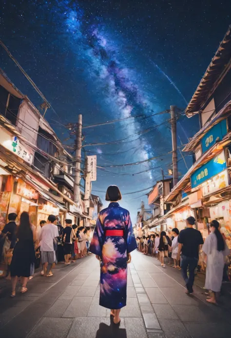 japanese tanabata festival、masterpiece、psychedelic art、girl in yukata、kanna hashimoto、milky way、the goddess