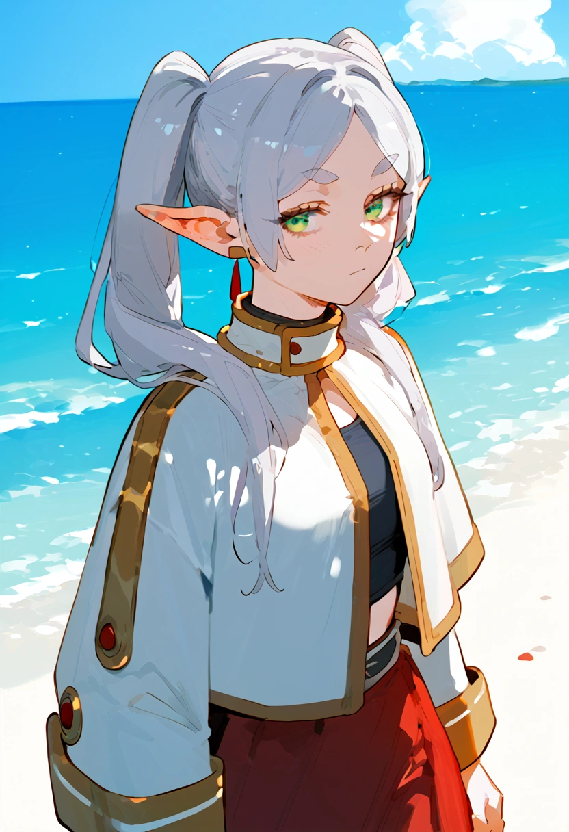 anime artwork, score_9, score_8_up, score_7_up, score_6_up, score_5_up, score_4_up,frieren, 1girl, green eyes, grey hair, twintails, pointy ears, eyebrows, earrings \\\\\\ \\\\\ ,beach,  futa
