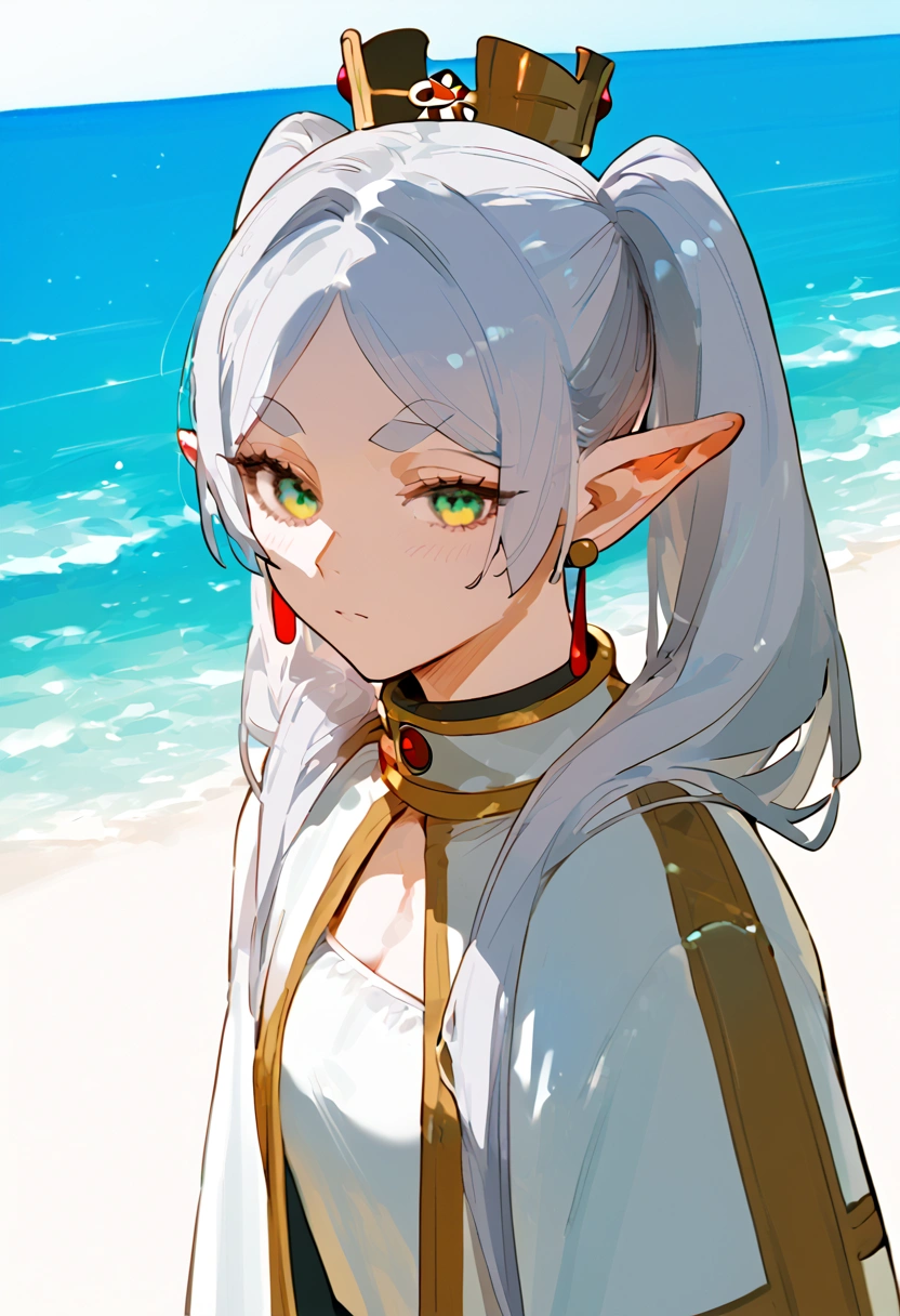 anime artwork, score_9, score_8_up, score_7_up, score_6_up, score_5_up, score_4_up,frieren, 1girl, green eyes, grey hair, twintails, pointy ears, eyebrows, earrings \\\\\\ \\\\\ ,beach,  futa
