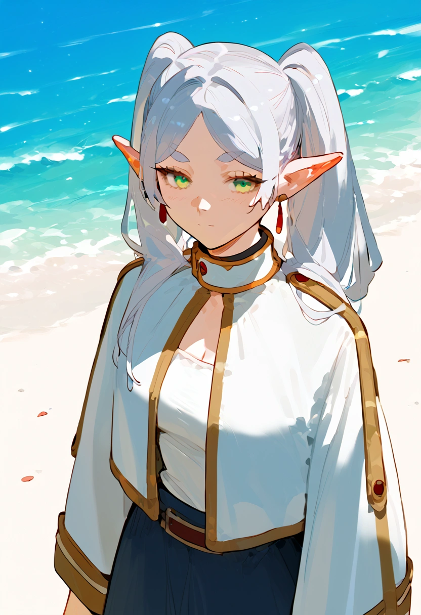 anime artwork, score_9, score_8_up, score_7_up, score_6_up, score_5_up, score_4_up,frieren, 1girl, green eyes, grey hair, twintails, pointy ears, eyebrows, earrings \\\\\\ \\\\\ ,beach,  futa
