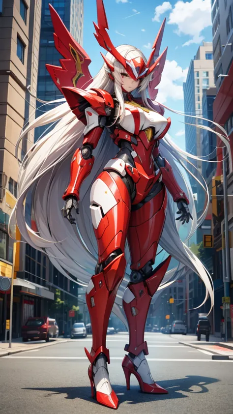 huge mecha with long white hair，chest，full body red armor，helmet，female robot，mechanical joint，wing，thruster，high heels，front，sc...