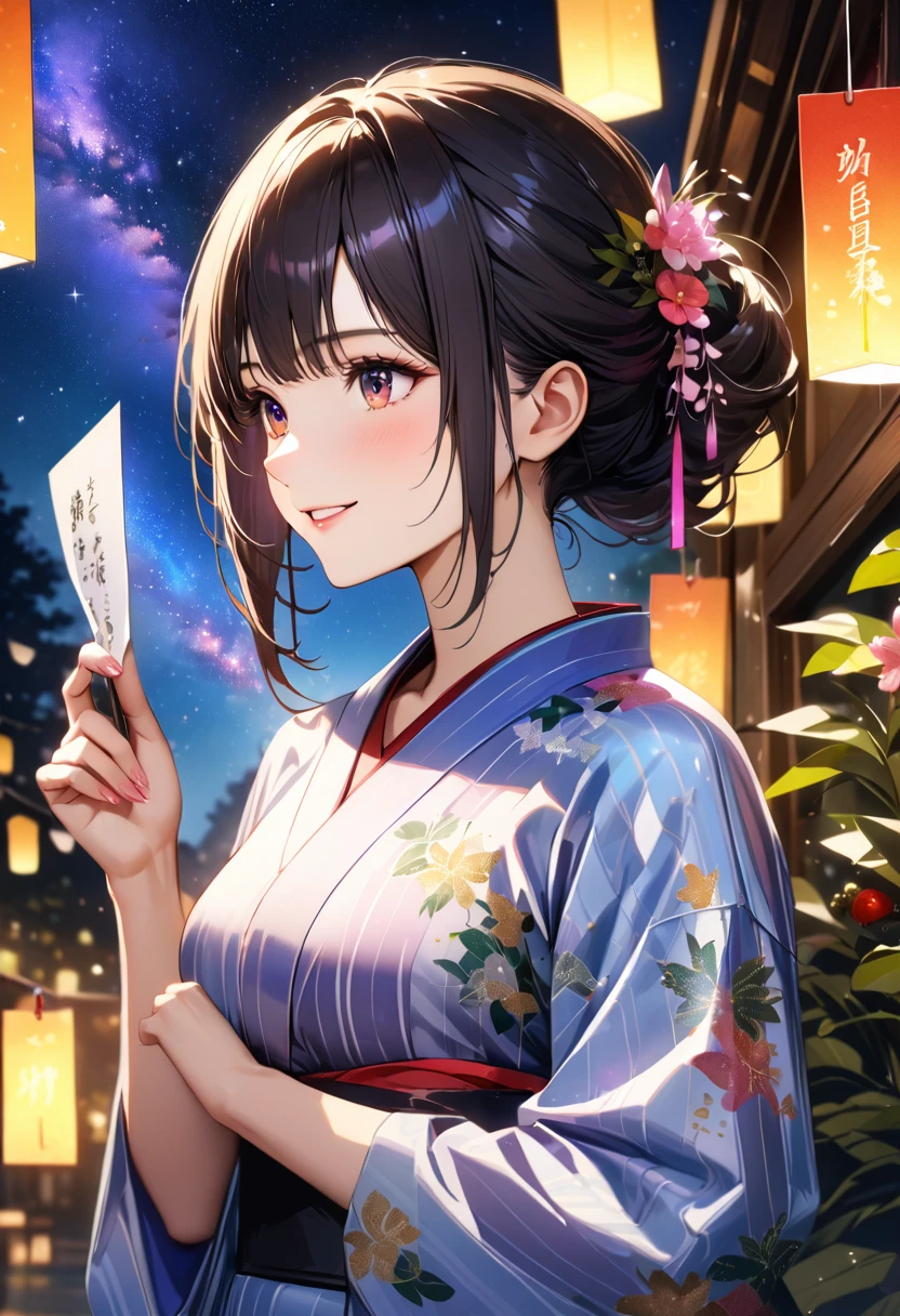 Tanabata,night, milky way,Yukata, Hold a paper strip in one hand,Looking at the sky,Blur the background,high school girl,smile,Glitter effect,Highest quality, 8K, High resolution, masterpiece:1.2, Very detailed, Realistic:1.37, High resolution, 超High resolution, Ultra-fine painting, Very detailed, Professional, Vibrant colors