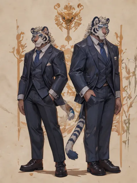 {{bara extremely handsome white tiger,}} {{white fur,}} white, wearing elegant ornate suit jacket, trousers, white dress shirt a...