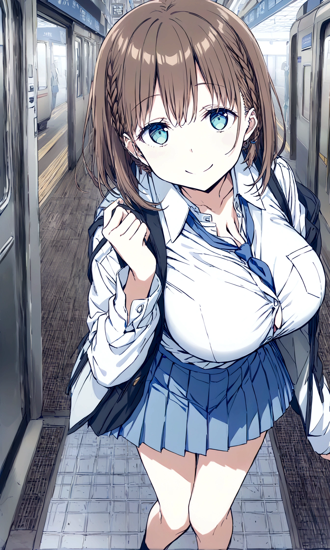 Tawawa on Monday,Ai-chan,Big Breasts,cleavage cutout,high school girl,source_アニメ, BREAK 1girl, 独奏,whole body,brown hair, cyan eyes, braid, white shirt, collared shirt, blue necktie, pleated skirt, blue skirt, large breasts, looking at you,big smile,happy ,closed eyes, station,hentai,finely detailed beautiful face,high quality,アニメ,beautiful,High resolution,アニメ color,{{{{8K_wallpaper}}}},{{{masterpiece}}},{{{{extremely detailed eyes}}}},{{{{extremely detailed body}}}},{{{{extremely detailed finger}}}}