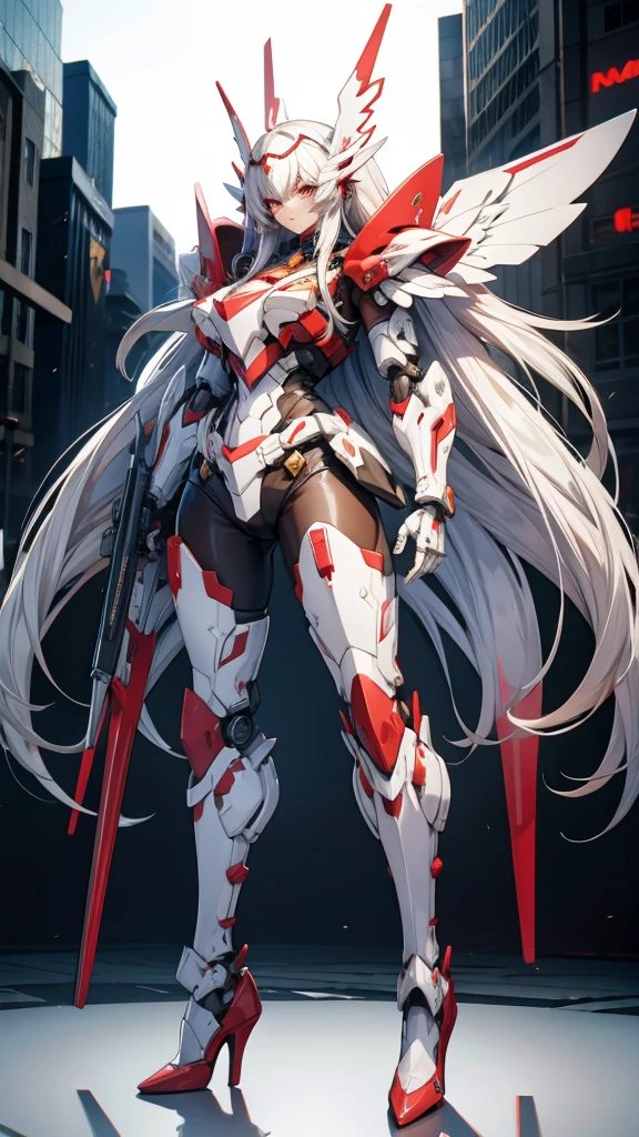 Huge mecha with long white hair，Chest，Full body red armor，helmet，female robot，mechanical joint，wing，Thruster，high heels，front，Sci-fi city