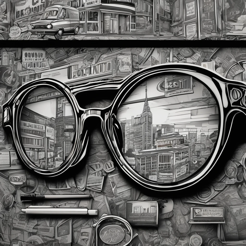 (detailed drawing) Advertising signs, eyeglass frames, gray tones, graphics, design work, logos