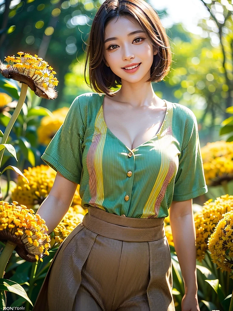 Uma linda garota com impressionantes olhos vermelhos brilhantes, vestindo uma camisa listrada verde-amarela, cabelo castanho curto estilo cogumelo, inclinando a cabeça com um sorriso brilhante no rosto, parada entre flores douradas com linhas de luz acima da cabeça, rosto detalhado, fotorrealista, 8K, obra de arte, cores vibrantes, iluminação cinematográfica, fantasia, realismo mágico