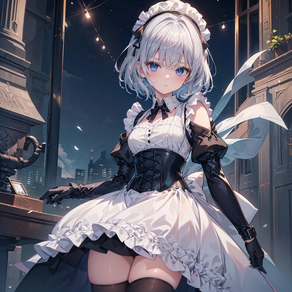 Perfect Human Medicine, {{{{{Maid clothes}}}}},Small ,Anime Assortment,Cool,cyber punk,{{{{{50 year old woman}}}}} ,{{{{{a person is depicted}}}}},(Official Art、{{{{{Upper Bodyアングル}}}}},Highest quality、Unity 8k wallpaper、32K、masterpiece、Ultra-detailed、Ultra-high resolution, Realistic、Recall,Grab your hair with your hands, Photorealistic:1.2)、(Cinema Lighting:1.2)、,Fire Glow Effect、The most grainy shadows on the film、Rim Light、Side light、Side Shot、(Ultra-detailed and intricate 3D rendering)、Very short hair, Short wolf hair,Beautiful face and eyes in every detail、Sharp pupils、Realistic students、Slender、１men and women、、white maid hat, Highly detailed background、Beautiful Face、Beautiful  girl、(Ultra-detailedなスキン、Detailed skin texture:1.Silver Hair:1.3)、Blunt bangs、Blue eyes、{{{{{黒いMaid clothes}}}}}、White apron costume、Black knee socks、(Thighs Thighs Thighs Thighs:0.8)、Black Bhutan stick and beautiful night sky、Medieval city at night、On the roof of the tower:1.4)、(avert your eyes、Overlooking the city:1.3)、Fantastic、Expressionless,Makes your face smaller,(Tabletop), Highest quality, Expressionless eyes, Perfect Face, 1 Girl, alone, Eye color is light blue, Hair between the eyes, Very Short Hair, Blue eyes, Silver Hair, Two-tone eyes, Knee-high boots, Archery Shooting Gloves, badge, corset,Black gloves, Long sleeve, Futuristic floating city, Upper Body,