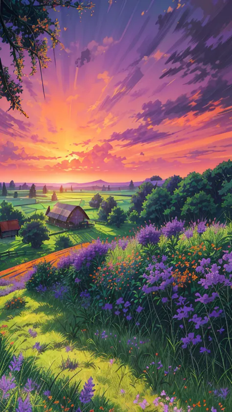 Farm land scenery filled with purple wild flowers, green trees and beautiful orange sky and bungalow with blue roof