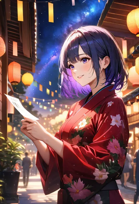 tanabata,night, milky way,yukata, hold a paper strip in one hand,looking at the sky,blur the background,high school girl,smile,g...