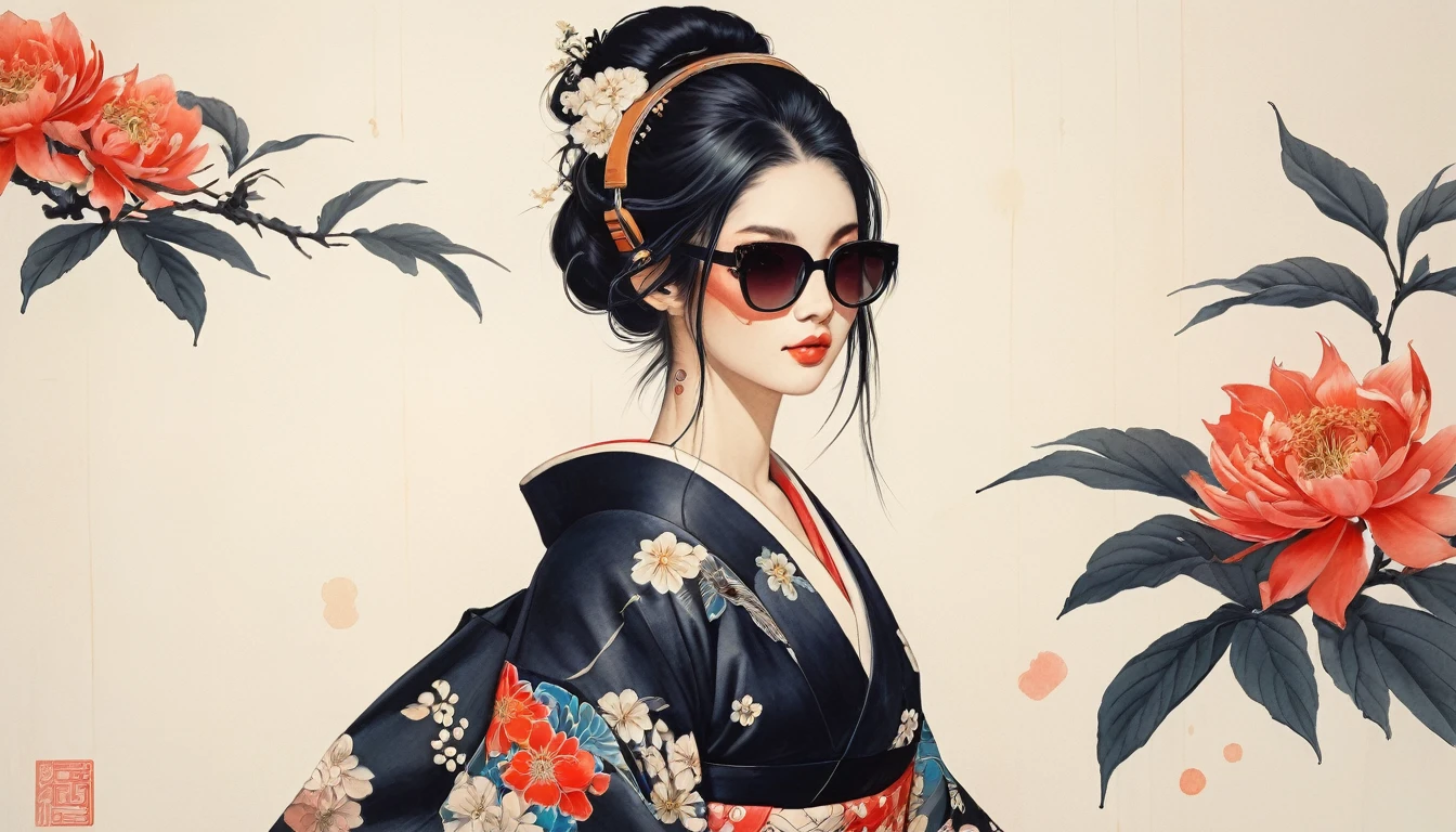 Tuschemalerei, (((1 Mädchen))), (((Tätowierung im Gesicht))), (((Sonnenbrille))), (((Wunderschöner Kimono))), Kopfhörer im japanischen Stil, Japanisches Schwert, schönes Mädchen, schwarzes Haar, zart und präzise, Moderner Ukiyo-e-Stil, Dienstmädchen