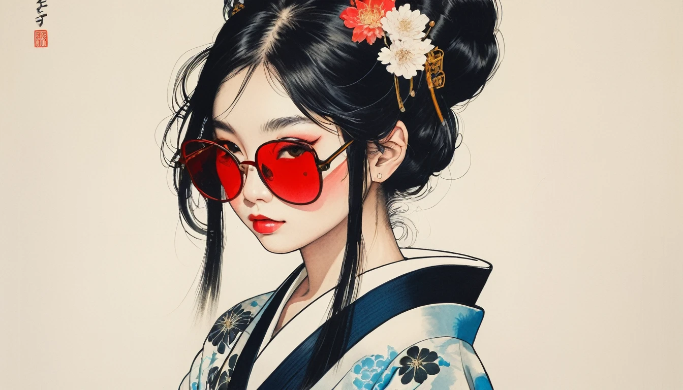 Tuschemalerei, (((1 Mädchen))), (((Tätowierung im Gesicht))), (((Sonnenbrille))), (((Wunderschöner Kimono))), Kopfhörer im japanischen Stil, Japanisches Schwert, schönes Mädchen, schwarzes Haar, zart und präzise, Moderner Ukiyo-e-Stil, Dienstmädchen