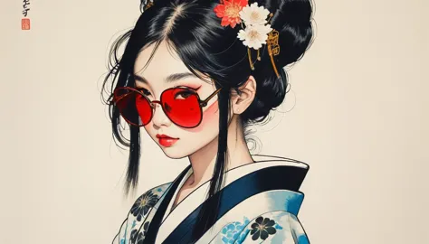 Ink Painting, (((1 girl))), (((Tattoo on face))), (((sunglasses))), (((Gorgeous kimono))), Japanese style headphones, Japanese s...